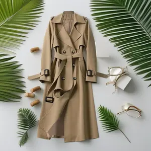 Women’s solid double-breasted belted trench coats, elegant lapel-neck long-sleeve coat for autumn and winter wear, women’s casual jackets/outerwear for daily wear, winter clothes for women, coats for women
