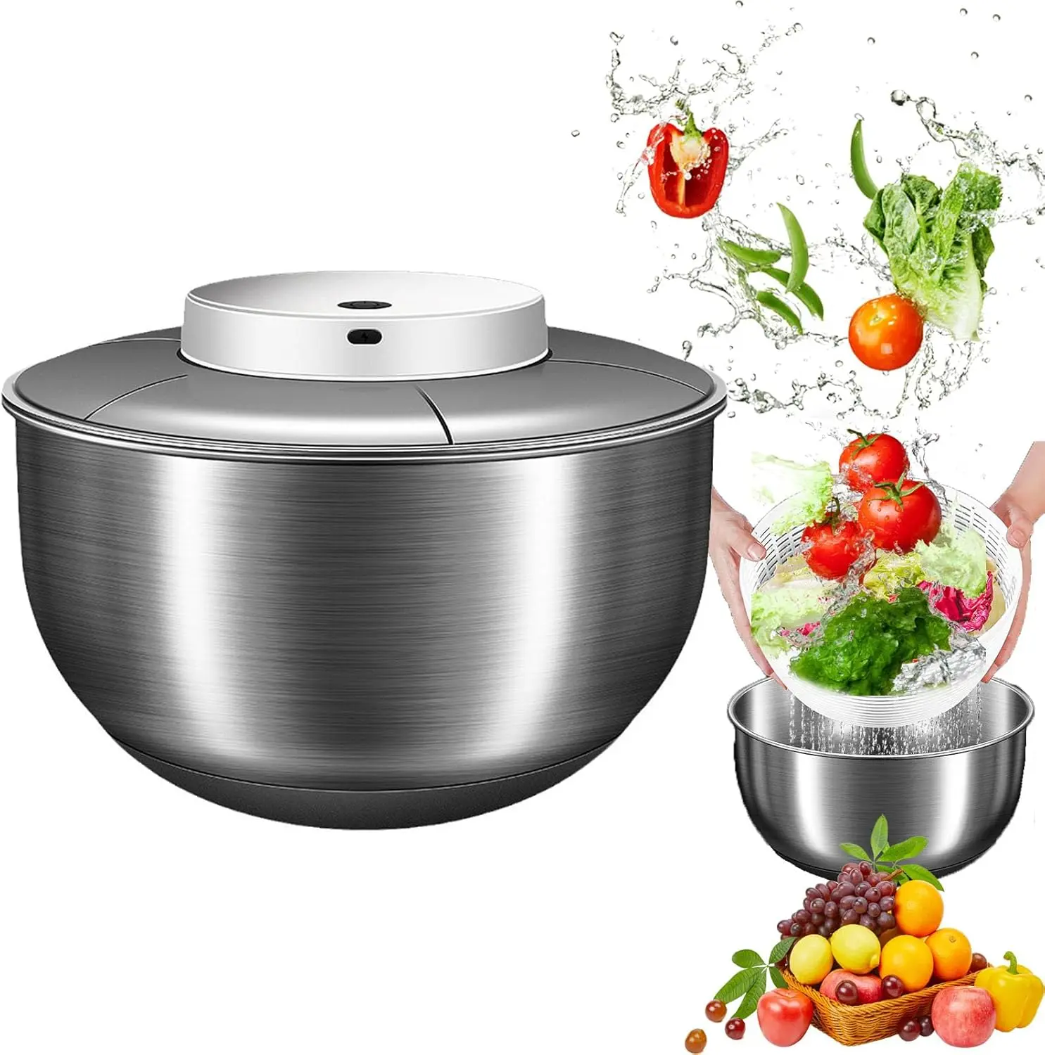 Stainless Steel Electric Kitchen Salad Spinner - 4.8L Large Capacity Reusable USB Rechargeable Vegetable Tool, Fruit Washer, Drain Basket, Lettuce Cleaner, Food Dehydrator for Efficient Cleaning