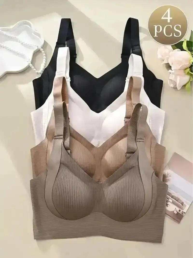 [Clearance Sale]4 Pack Women's Solid Four-breasted Adjustable Wireless Bra, Soft Comfortable Breathable Ribbed Slight Push Up Seamless Bra, Women's Lingerie for All Seasons, Sexy Lace Lingerie Set