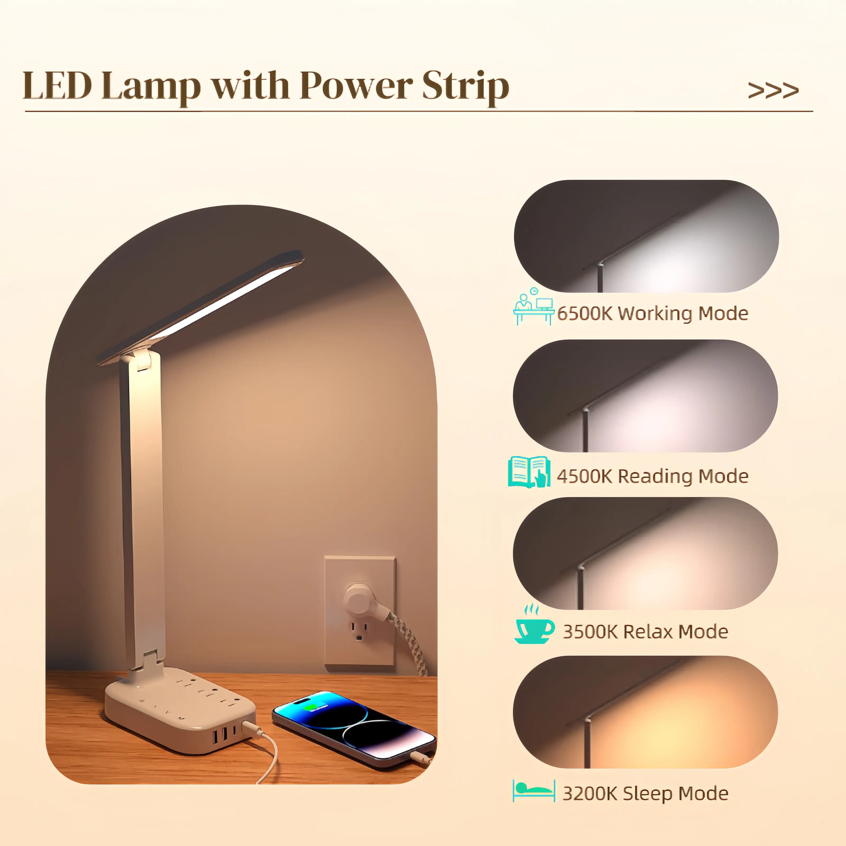 LED Desk Lamp Power Strip, 3 AC Outlets, 4 USB Ports (2 USB-C), 4 Color Modes, 5 Brightness Levels, Touch Control – Desk Lamp for Home Office, Bedroom