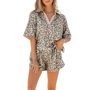 Women's Khaki V-Neck Collar Leopard Printed 2-Piece Short & Top Set, Womenswear Clothing Set