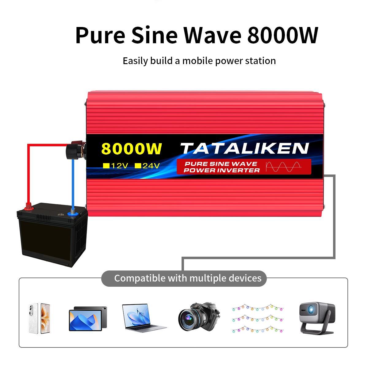 Pure sine wave inverter 7000W/8000W, DC 12V/24V to AC 110V, mobile phone/computer/car refrigerator is ready to charge, say goodbye to the anxiety of power outage, overload protection, and more at ease when using electricity