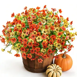 Fall Mums Artificial Flowers for Outdoors Potted, 20 Bundles Fake Fall Daisy Flower with Realistic Eucalyptus Leaves, Fake Plants for Greenery Boxwood Porch Patio Garden Pot Courtyard, Orange and Yellow