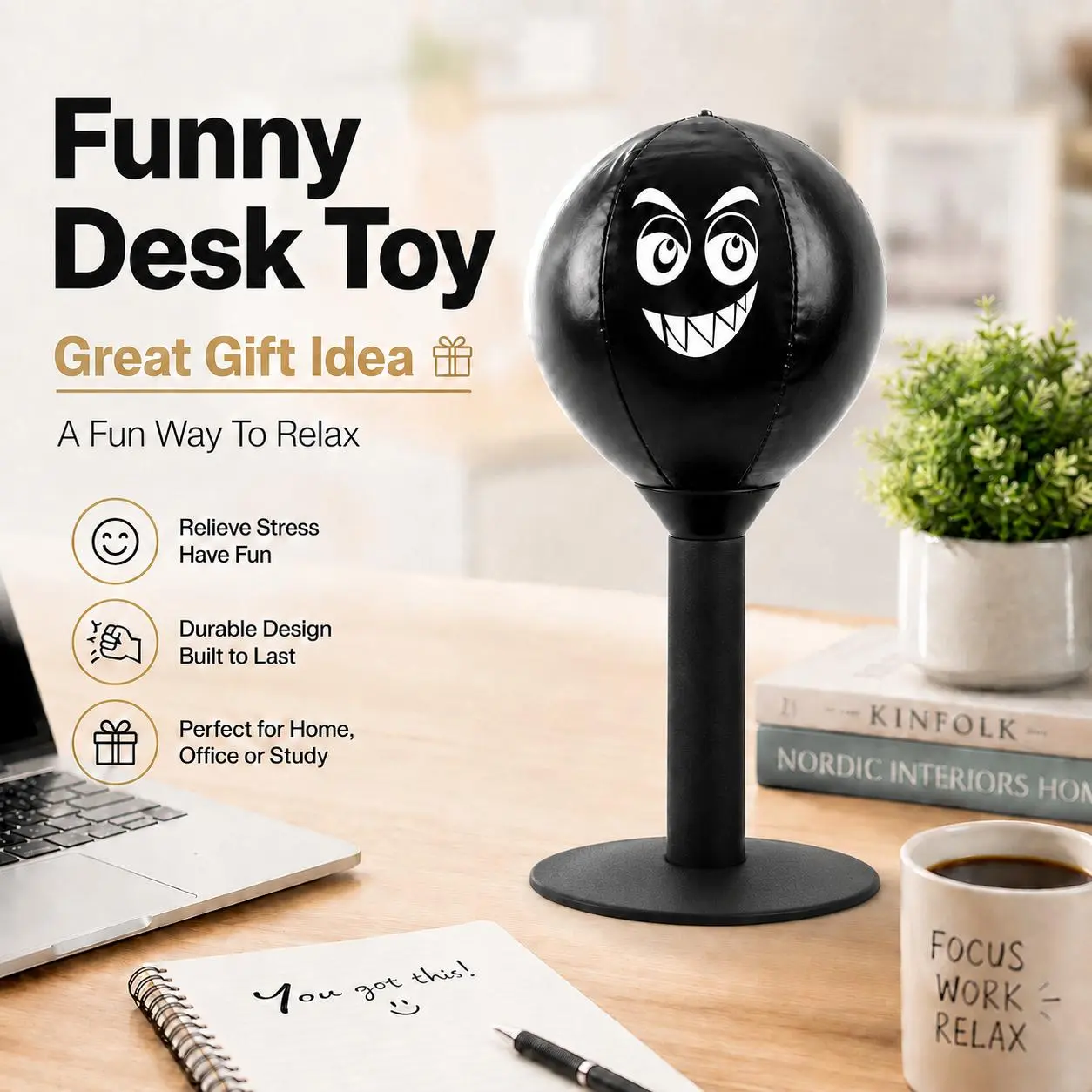 Desktop Boxing Bag, Funny Toy Speed Trainer with Durable PU Ball & Carbon-Steel Spring, Suction Cup Mount to Relieve Stress on Office Desks