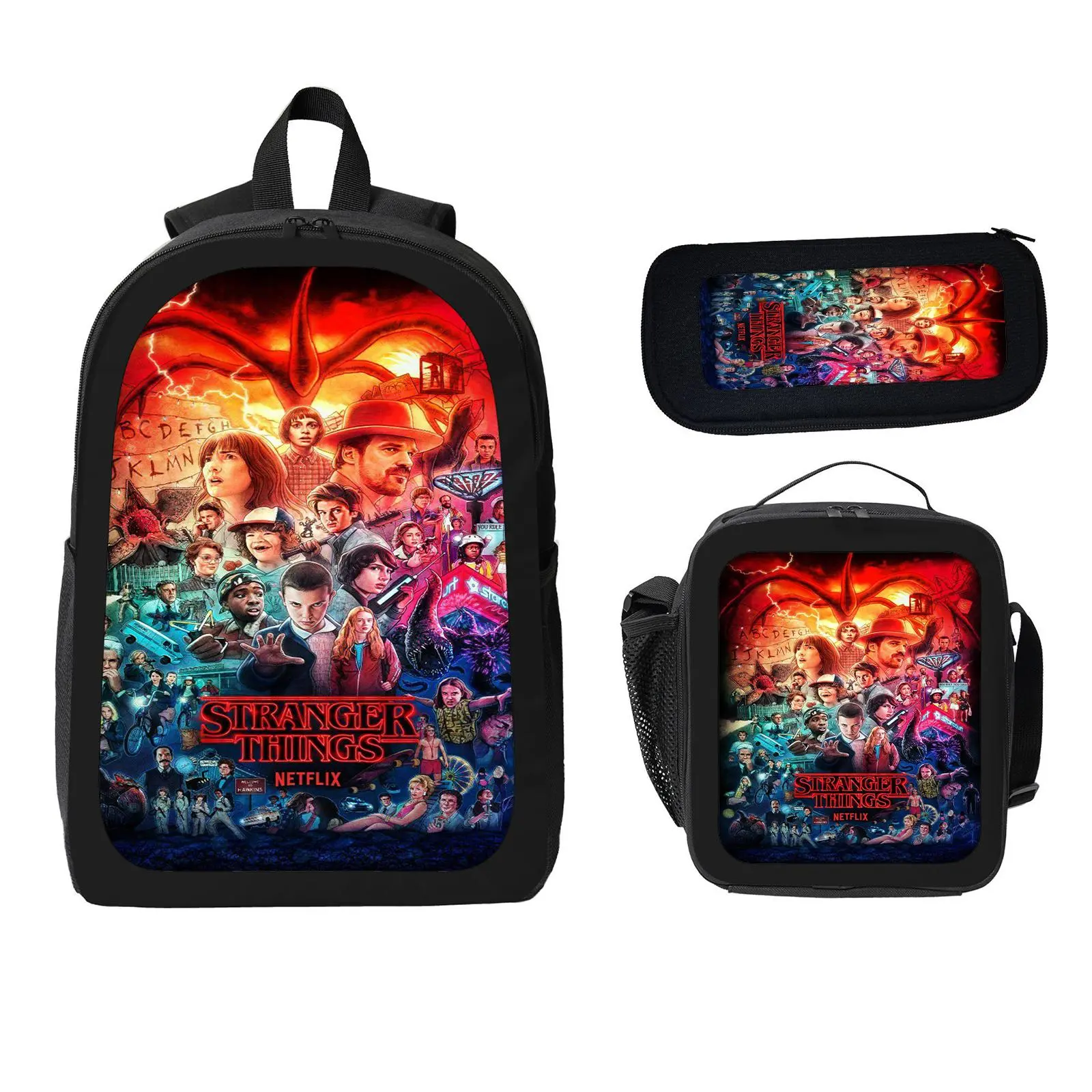 Stranger Things 3 Pcs School Backpack Set for Boys Girls Kids, Large Capacity Bookbag with Insulated Lunch Bag Pencil Case, Water Resistant Travel Daypack for Elementary Middle School c-79