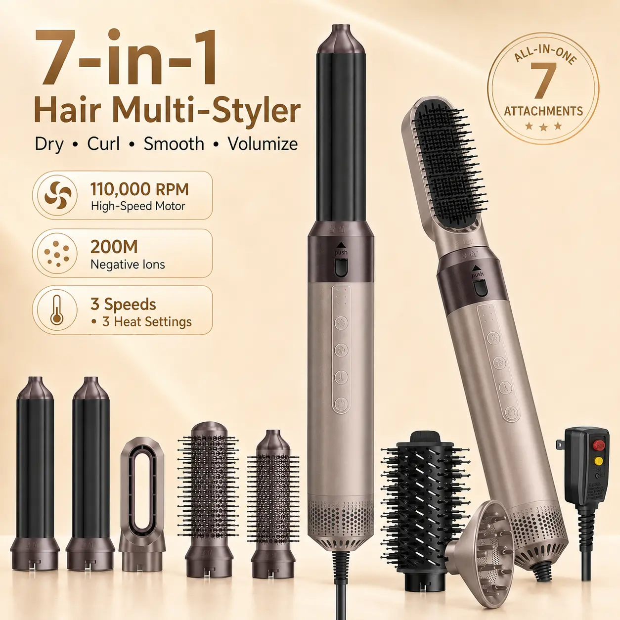 7-in-1 Hair Multi-Styler & Hot Air Brush with Auto Curler, Hair Dryer, Volumizing & Smoothing Brushes, 3 Speeds & 4 Heat Settings, Gift for Women
