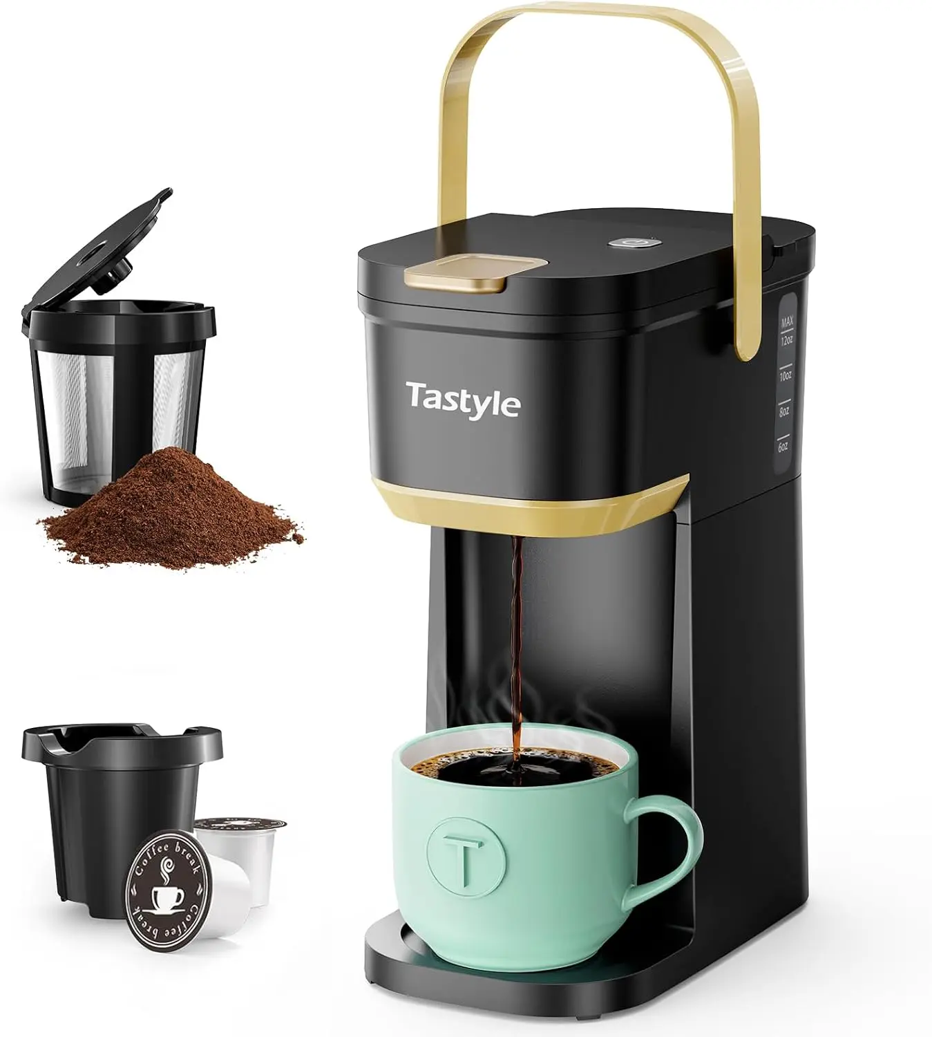 Single Serve One Cup Coffee Maker, for K Cups and Grounds, Mini Coffee Maker with Portable Handle, 6 to 12 Oz Brew Size, for Travel, Camping, Office, RV and Dorm, 120V, Black and Gold