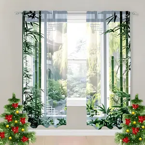 Elegant Bamboo Forest Print Thin Curtains, Polyester Knit Rod Pocket Window Panels, Modern Style, Semi-Transparent Decorative Drapes, Room Decor Curtain