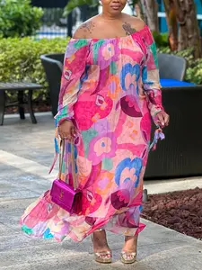 Plus Size Women's Floral Dress, Shoulderless Design Summer Vacation Long Dress, Casual Wear Romantic Elegance Essential