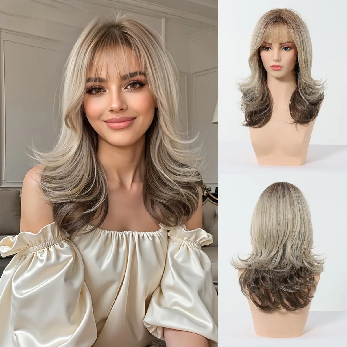 Women's Synthetic Hair Full Machine Wig - European & American Style, Wavy Medium-Long Length, Bangs, Gradient Layers, Linen Golden-Brown Highlights, Naturally Voluminous, Full Machine Wigs Silky Top Wig Platinum Blonde Wig Soft Curly Wig