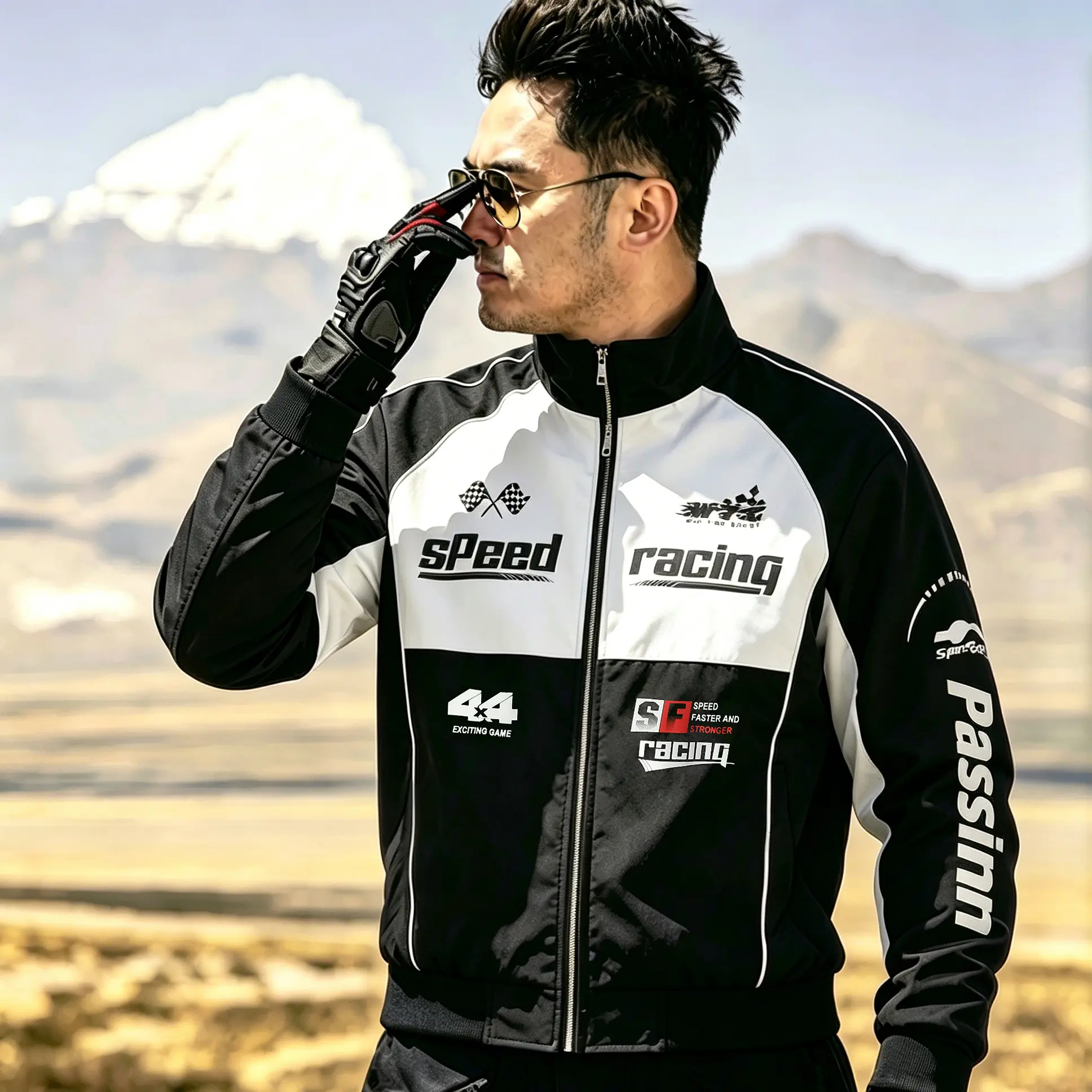 Men’s color-block racing jacket in black and white, autumn stand collar zip-up windbreaker with motorsport speed print streetwear outerwear