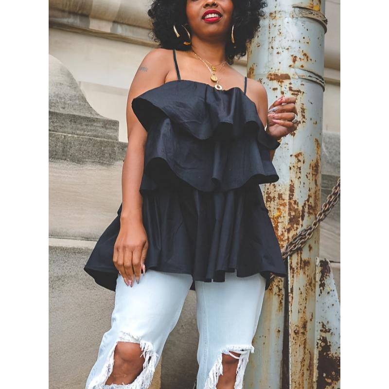 Elegant Plus Size Womens Sleeveless Tiered Ruffle Cami Top - White Layered Peplum Design, Non-Sheer Fabric, Hand Washable, Perfect for Casual or Chic Outfits, Versatile Layering Piece | Voluminous Blouse | Nonstretch Fabric