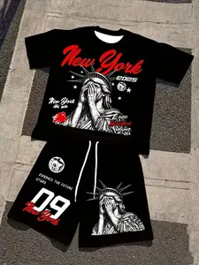 Los Angeles Fashion & Casual “Statue of Liberty” Men's Round-Neck Sports Set: Breathable and Comfortable Short-Sleeve Top + Shorts, Punk-Hip Hop Style