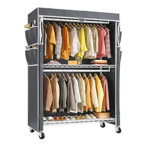 Raybee Heavy Duty Clothes Rack with Cover  440LBS Loads Clothing Racks for Hanging Clothes with Wheels & Adjustable Feet Portable Coat Rack Freestanding Closet Garment Rack