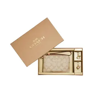 Coach Classic Monogram Zip Top Wristlet Clutch Bag for Women, Canvas with Leather Trim, Khaki