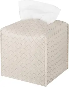 PU Leather Tissue Box Cover – Square Facial Tissue Holder Dispenser for Bathroom, Bedroom, Car, Office & Vanity Countertop (Greige)