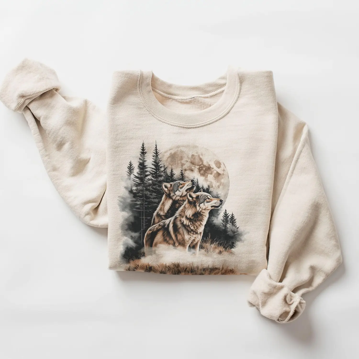 Retro Wolves Howling At The Moon Sweatshirt - 90s Wolf Foggy Forest Wilderness Outfit - Boho Unisex Crewneck Sweatshirt OS