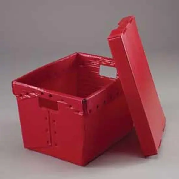 Global Industrial 257920RD Red Water-Resistant Dustproof Corrugated Plastic Postal Mail Tote Boxes with Lid, 18.5x13.25x12in, Hand & Steel Fitting Compatible, 30 lbs Capacity - Pack of 10
