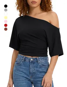 Bonneuitbebe Women's Off the Shoulder Top Oversized Texture One shoulder design Stylish Outing Shirt Comfortable Summer Shirt 2026
