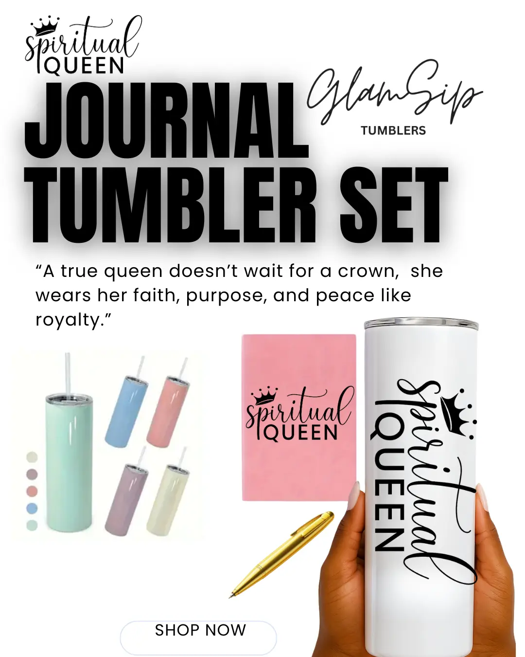 GlamSip "Spiritual Queen" Journal + 20oz Glossy Stainless Steel Tumbler Set for Entrepreneurs & Creatives with Empowerment Design and Matching A5 Journal