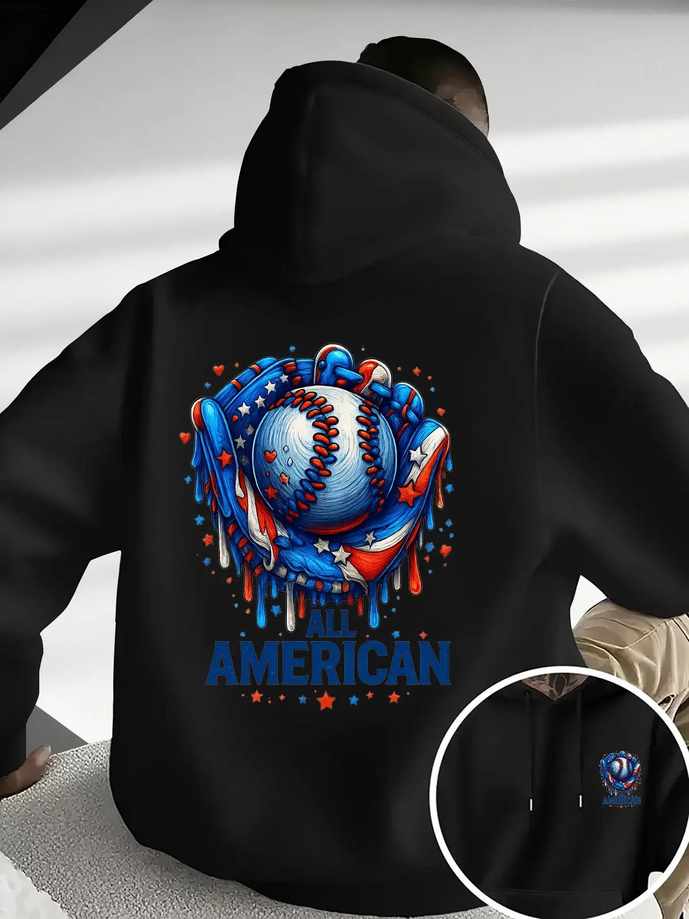 Men's Baseball Glove Print Hoodie Sweatshirt, Drawstring & Kangaroo Pocket, Comfortable Casual Fashion Pullover, Trendy American Style