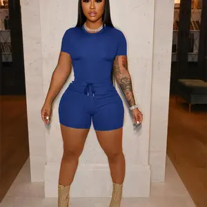 USBoutique Chic Womens Two Piece Lounge Sets Skinny Ribbed T-shirt Track Shorts Gym Yoga Outfits 2 Pcs Short Matching Workout Set