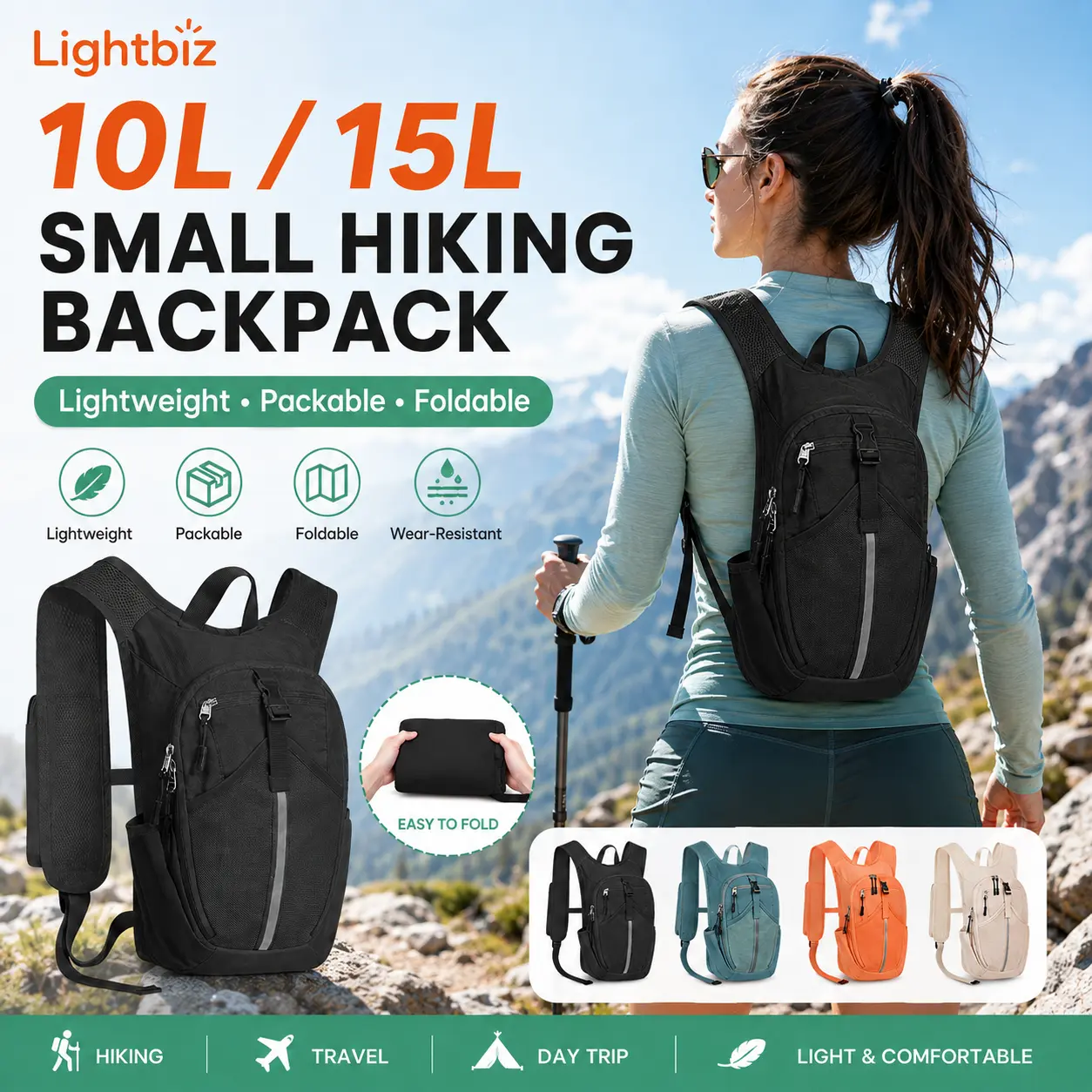 Lightbiz 15L/10L Small Hiking Backpack for Women & Men, Lightweight Packable Foldable Travel Daypack with Shoulder Strap Phone Pocket, Adjustable Chest Strap, Reflective Strip & Bottle Pockets for Hiking, Cycling, Walking & Camping