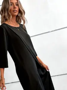 Two-piece set of women's clothing black irregular layering Round Neck clothes + wide-leg pants light mature high-end style two-piece set, suitable for light formal social, business and leisure occasions, exquisite outing styling, daily commuting wear