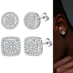 Silver Stud Earrings for Men & Women,  Iced Out Square & Round CZ Hypoallergenic Earrings 2 Pairs  with Sterling Silver Post, Valentine's Day gift