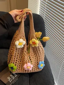 Handmade Crochet Knit Bag, Forest Floral Hollow Out Tote, Summer Farmhouse Beach Vacation Commuter Bag, Large Capacity Shoulder Bag