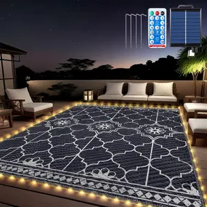 8x10Ft Outdoor Rug, Solar  Outdoor Rug with 113LEDs Strip Lights,  Plastic Reversible Outdoor Straw Rugs, Rugs Mat for House Deck RV Camping Patio Beach Balcony Picnic-Blue White