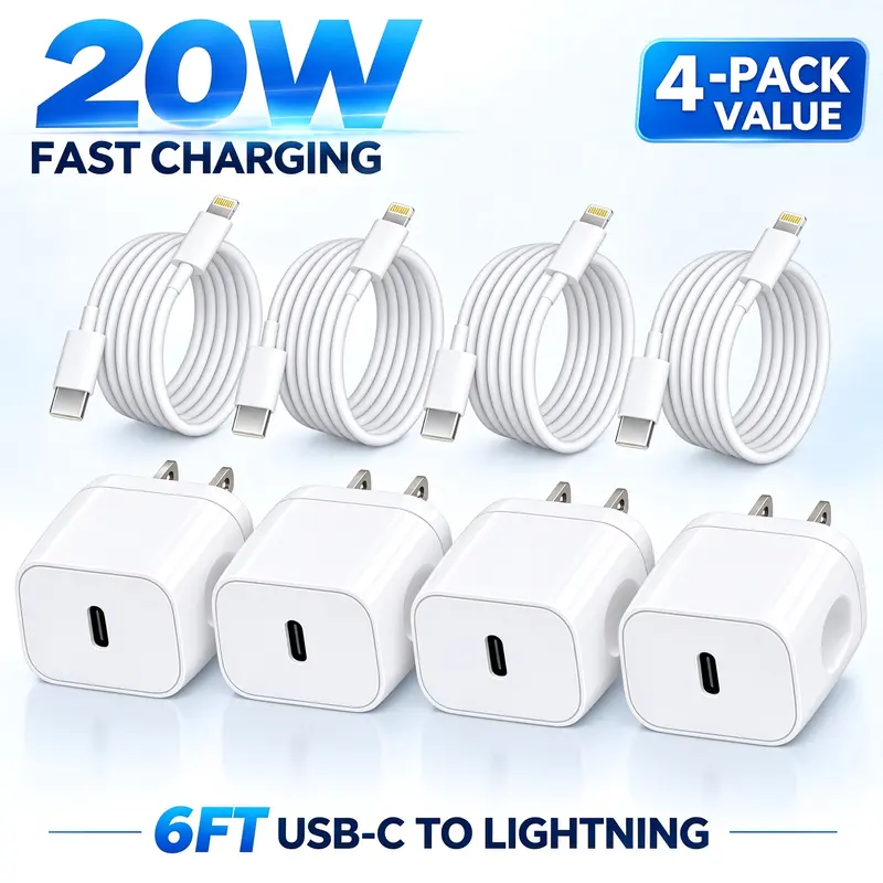 4 Pack iPhone Set, 6FT Cable & 20W PD Fast For iPhone14/13/12/11/XR/XS Max/8/7/6/5 iPad & AirPods Fast Charging Cord Cellphone type- cable kit