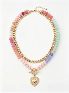 Dopamine Colorful Beaded Necklace Ethnic Style Clavicle Chain with Stackable Heart Pendant, Fashion Jewelry Multifunctional Accessory