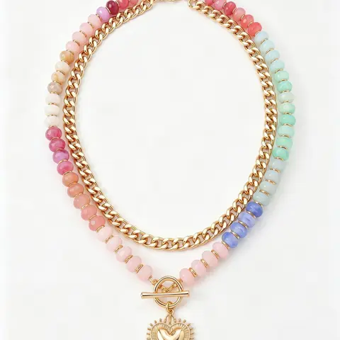 Dopamine Colorful Beaded Necklace Ethnic Style Clavicle Chain with Stackable Heart Pendant, Fashion Jewelry Multifunctional Accessory Stacking Necklace