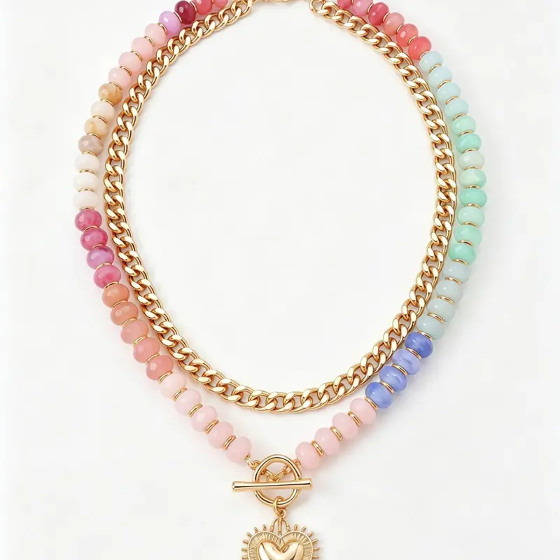 Dopamine Colorful Beaded Necklace Ethnic Style Clavicle Chain with Stackable Heart Pendant, Fashion Jewelry Multifunctional Accessory Stacking Necklace