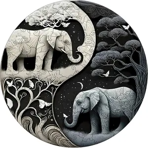 A4 Size Round Jigsaw Puzzle, Irregular Shaped Blocks, Elephant Pattern, Stress Relief Brain Teaser Gift for Adults, Suitable for Ages 14+