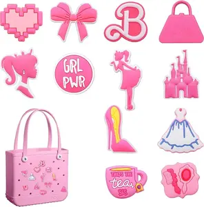 12PCS Girly Bag Charms for Tote Bags, Pink PVC Cute Inserts with Bow Heart Princess Designs, Decorative Accessories for Beach Bags, Aesthetic Handbag Charms Set