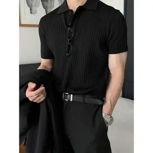 Men’s V-neck polo shirt with a slim fit and short sleeves, made from ribbed knit for a soft feel; men’s apparel, men’s top, featuring a comfortable and fashionable design, suitable for everyday wear and travel. GARMENTARY