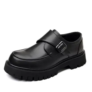 Big Size Men's Chunky Derby Shoes |   Thick Sole Height Increasing Leather Dress Shoes |   Strap Buckle |   Wide Fit Round Toe for Business Suit G010 style solid color lace