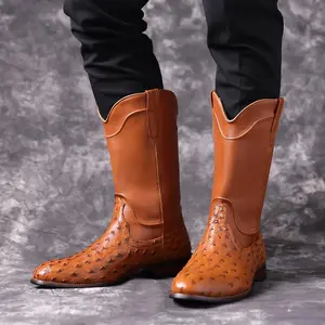 Men's ostrich-patterned western cowboy boots, versatile vintage mid-calf pointed work boots, slip-resistant and durable work riding boots B603