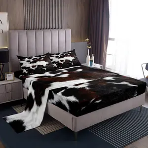 Cow Fur Print Sheet Set,Queen King Size Cowhide Print Sheet with Deep Pocket Fitted Sheet,Western Farm Animal Skin Bed Sheet Set,Luxury Bedding Set