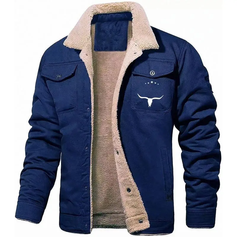 Men's Retro Western Jacket Warm Fleece Coat Work Cargo Trucker Jackets