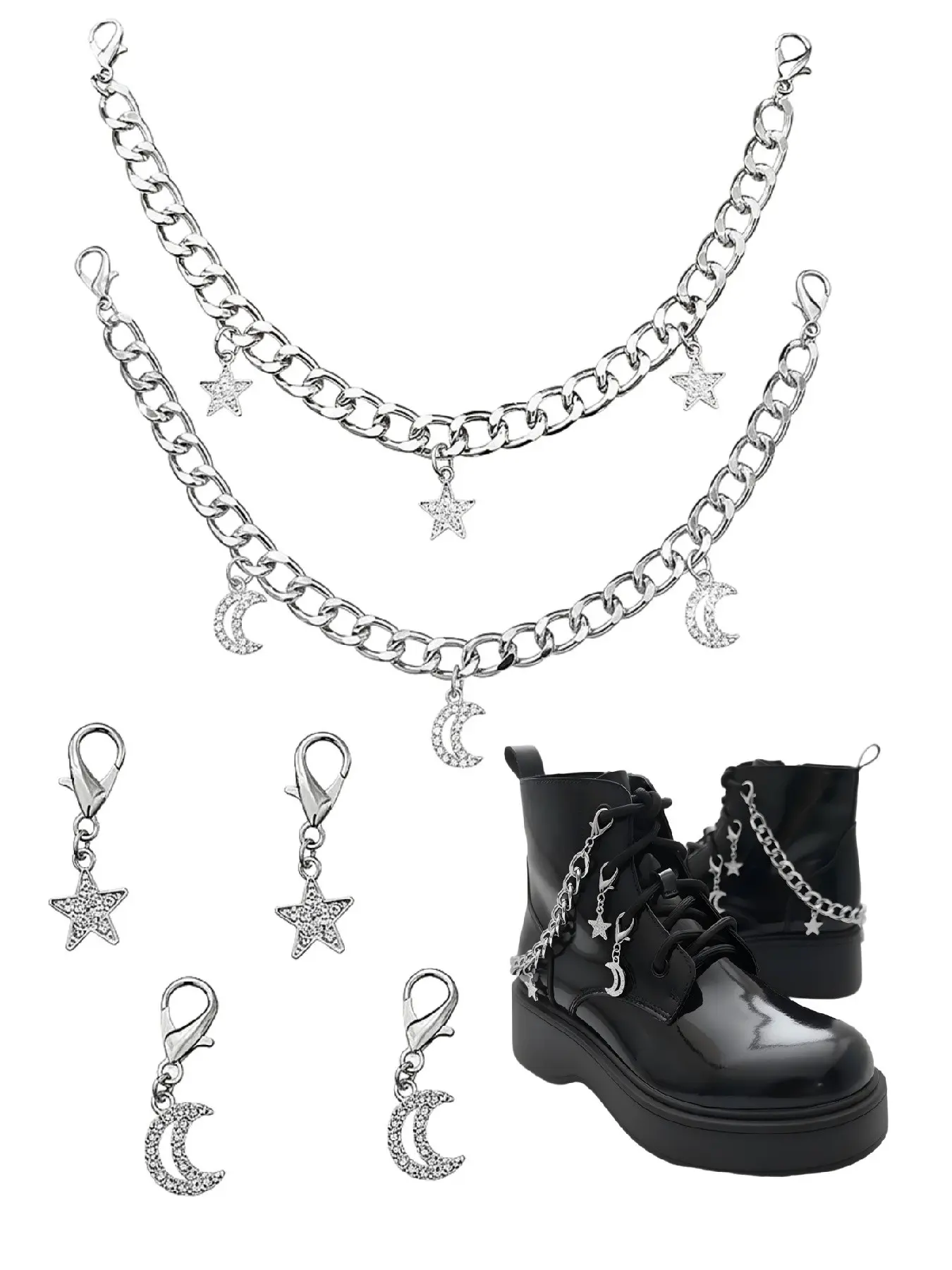 6 Piece Set Crystal Sequins Star Moon Shoe Boot Chain Set, Metal Ankle Chains with Buckles, Y2K Style DIY Shoe Boots Decorations, Shoe Accessories, Shoe Charms for Sneakers
