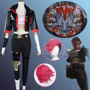 Arcane 2 Vi Cosplay Game LoL Costume Wig Vi Black Leather Coat Uniform Suit Hallowen Carnival Party Play Role Clothing for Women