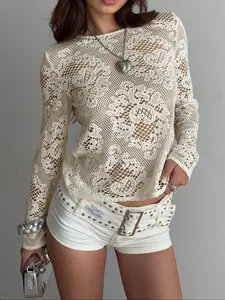 Women Apricot Lace Sheer Long Sleeve Top Hollow Out Floral See Through Blouse Sexy Mesh Knit Pullover Y2K Streetwear Transparent Shirt Festival Outfit Clubwear Fashion Summer Beachwear