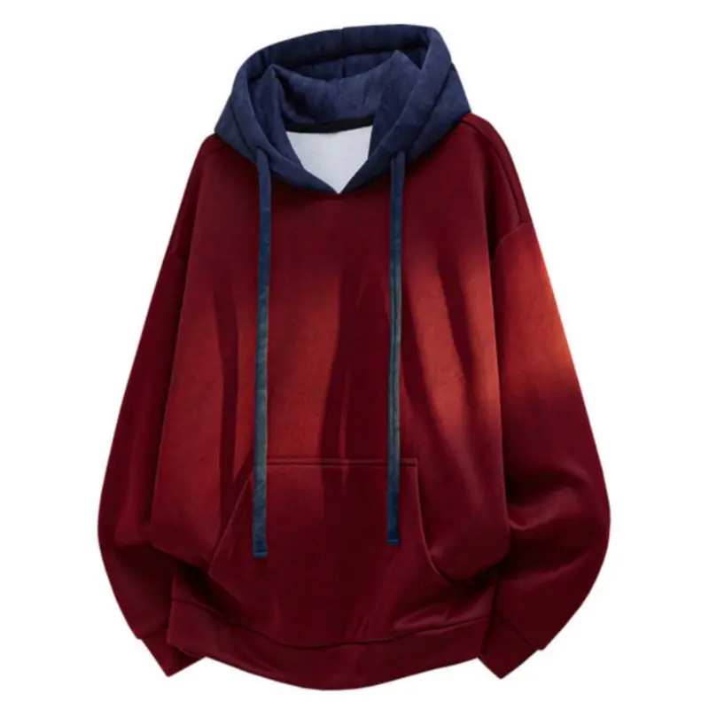 Men's Soft Contrast-Lined Gradient Dye Hoodie Sweatshirt - Long Drawstring, Front Kangaroo Pocket, Ribbed Cuffs & Hem, Patchwork Vintage Streetwear Pullover for Casual Daily Commute, Layered Outdoor Use, Long Sleeve, Loose, Menswear, Sleeves, Stylish, Top