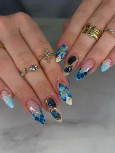 Tropical Blue Ocean Press On Nails, Nautical Summer Nails, Aquatic Nail Art Set, Wave, Shell, Starfish Fake Nails, Blue Nails