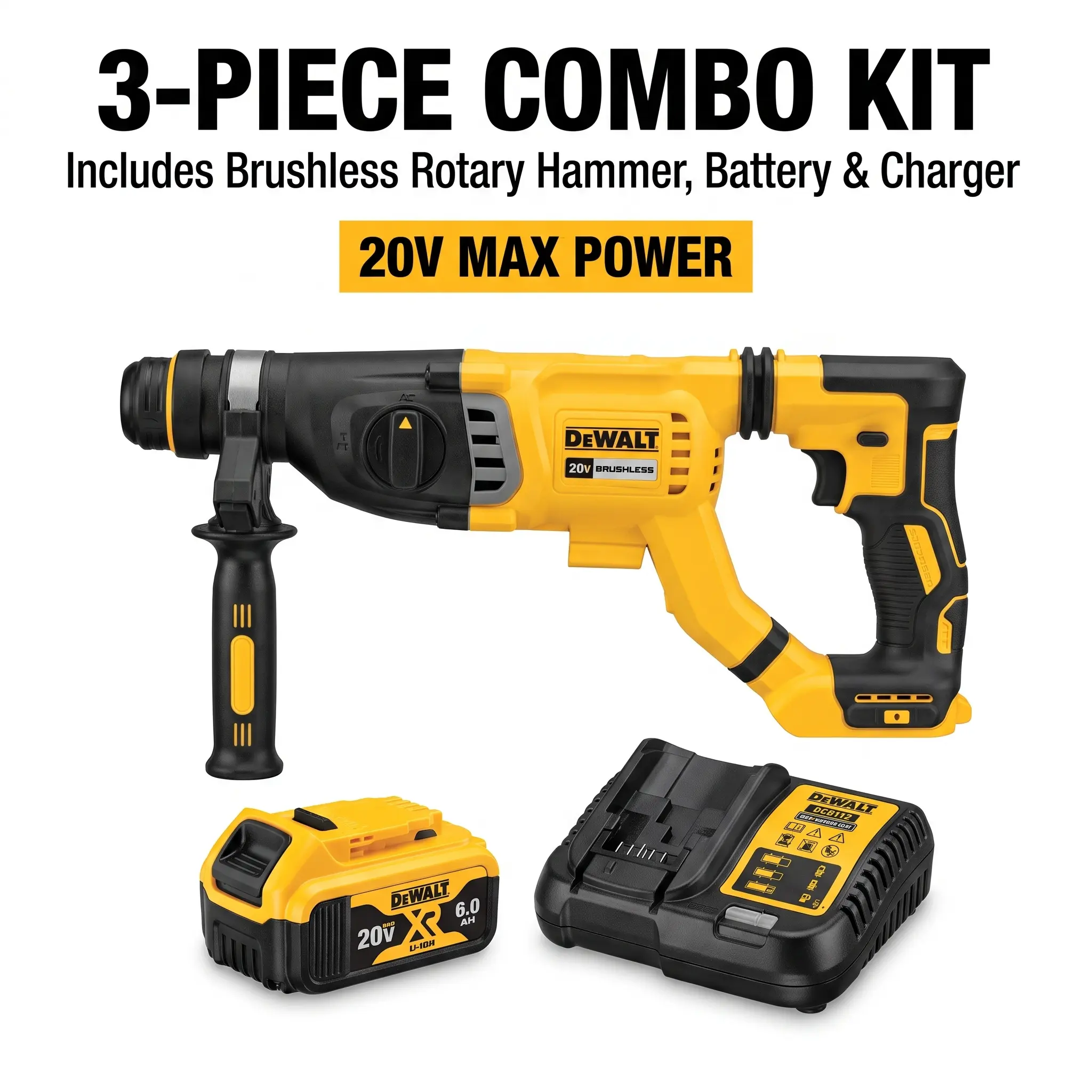 Dewalt 20V Brushless Rotary Hammer Full Kit - 6.0Ah XR Battery, Complete Charger, Vibration Reduction Auxiliary Handle, Wear-Resistant Housing, Portable Tool Box, Tripod for Masonry Contractors