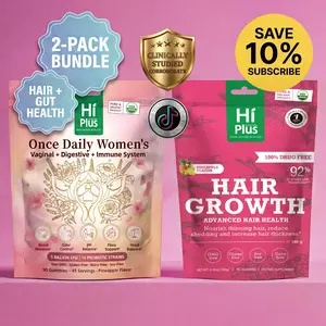 HiPlus Hair Growth & Probiotics Bundle (2 Pack) - Biotin, Collagen, pH Balance & Odor Control - Thicker Hair, Volume & Gut Health Gummies