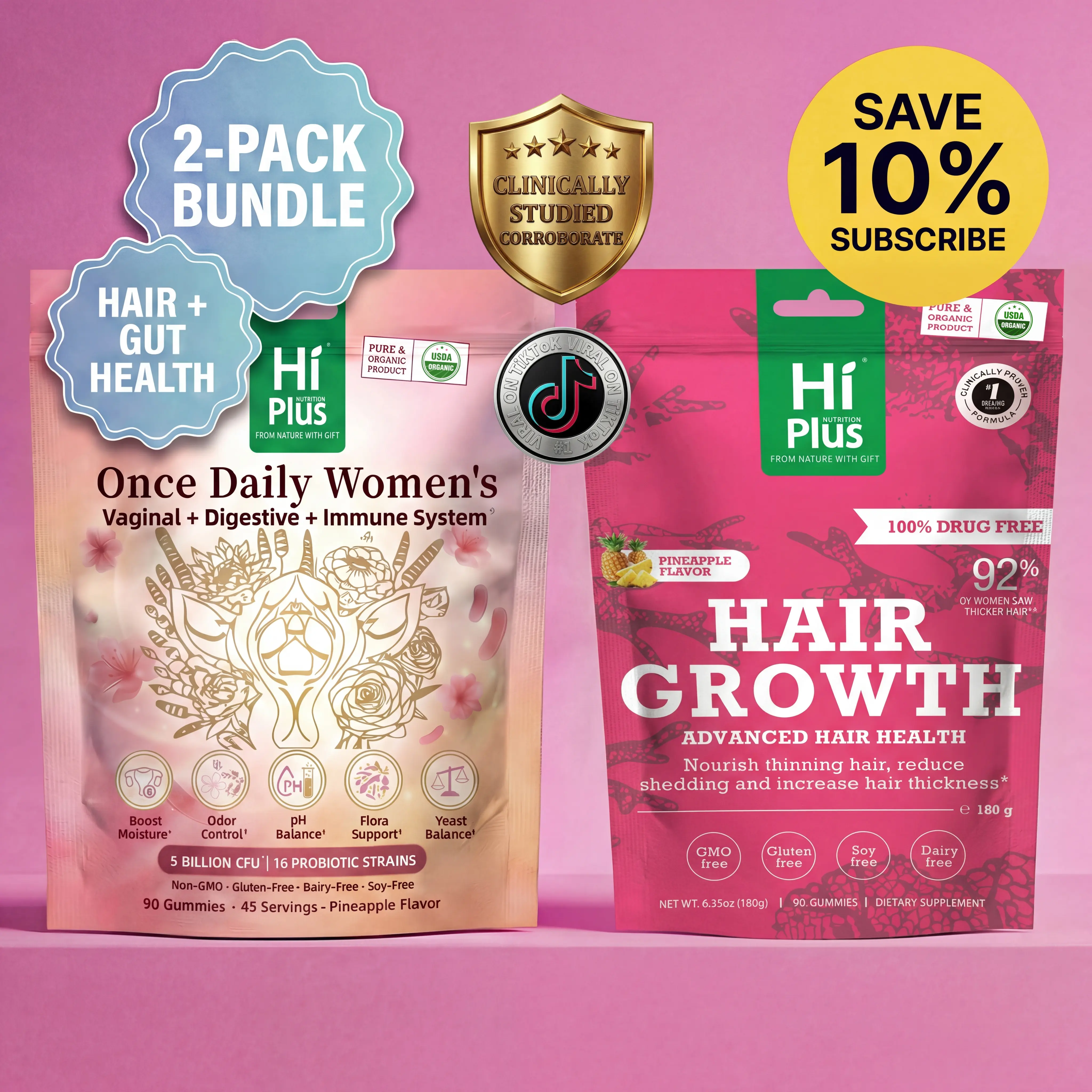 HiPlus Hair Growth & Probiotics Bundle (2 Pack) - Biotin, Collagen, pH Balance & Odor Control - Thicker Hair, Volume & Gut Health Gummies